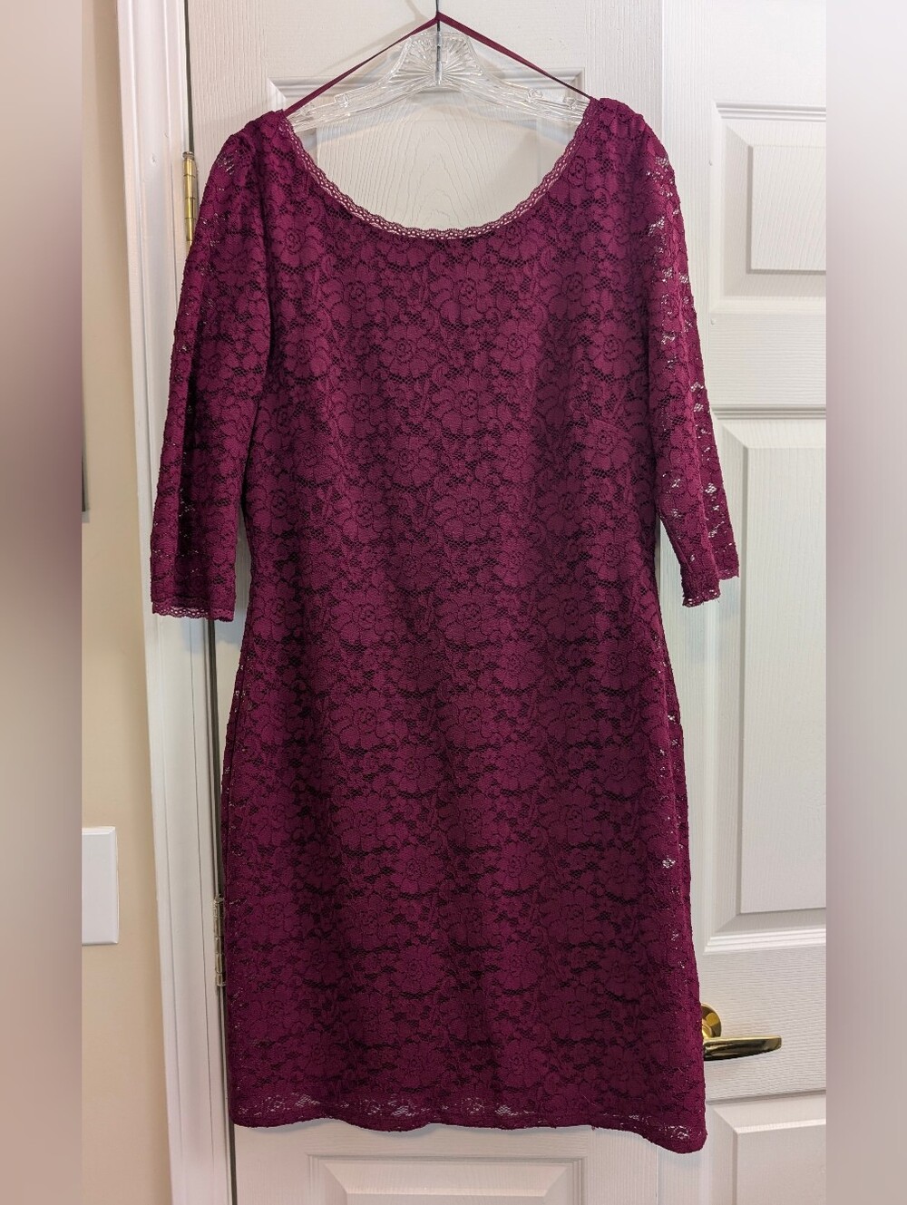 Eliza J Plum Lace Sheath Dress with Three-Quarter Sleeves
